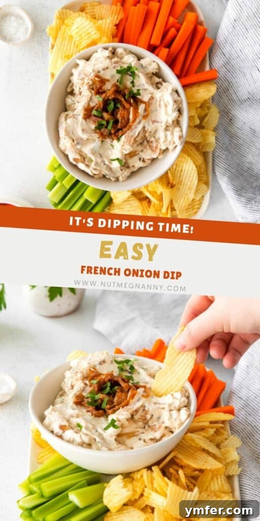 Gourmet Caramelized Onion Dip 7 A high-quality Pinterest pin image for French Onion Dip, displaying the finished dip with various dippers and clear recipe title for sharing.