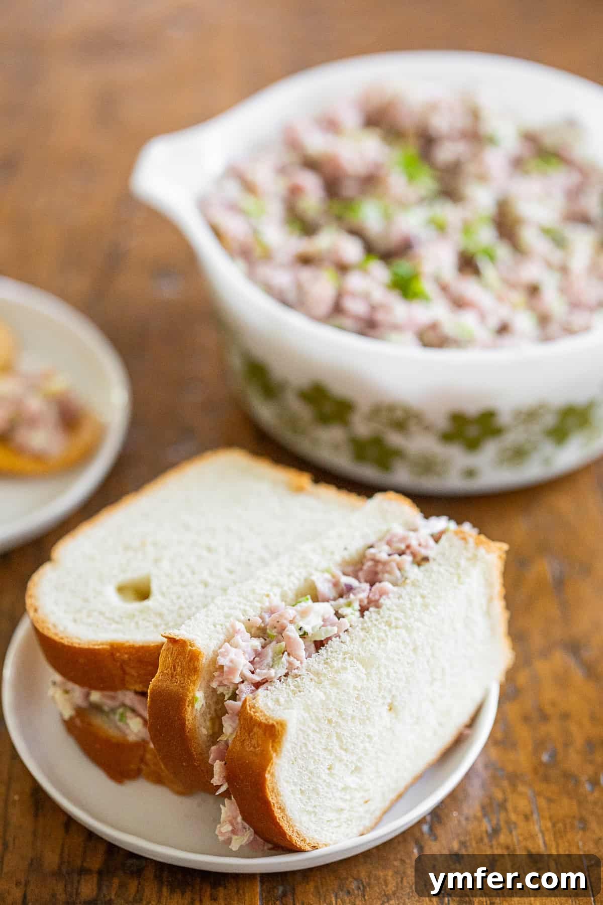 Homemade Ham Salad Perfection 5 Ham Salad served on white bread.