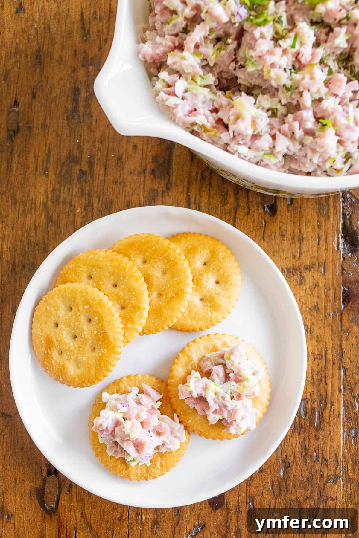 Homemade Ham Salad Perfection 6 Ham Salad Recipe served on butter crackers.