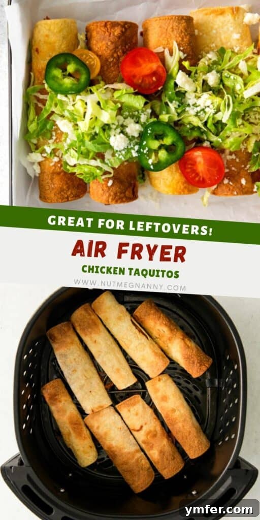 Crispy Air Fryer Chicken Taquitos 10 Air Fryer Chicken Taquitos pin for Pinterest, featuring a stack of taquitos with fresh toppings.