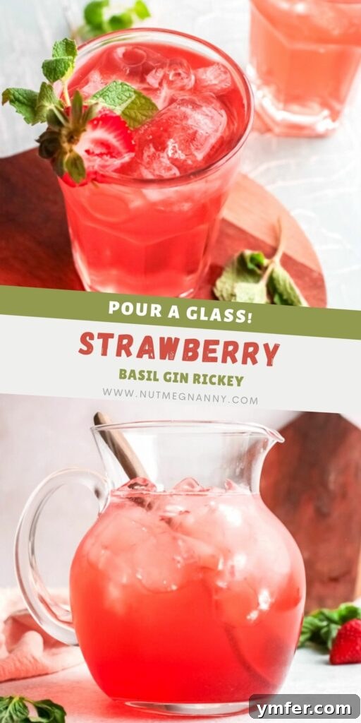 Strawberry Basil Gin Spritzer 7 A Pinterest-friendly image of a Strawberry Basil Gin Rickey, inviting readers to save the recipe for later.