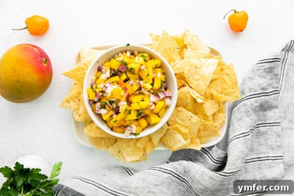 Tropical Inferno Salsa 6 A close-up shot of Mango Habanero Salsa in a white bowl, showcasing its chunky texture and vibrant colors.