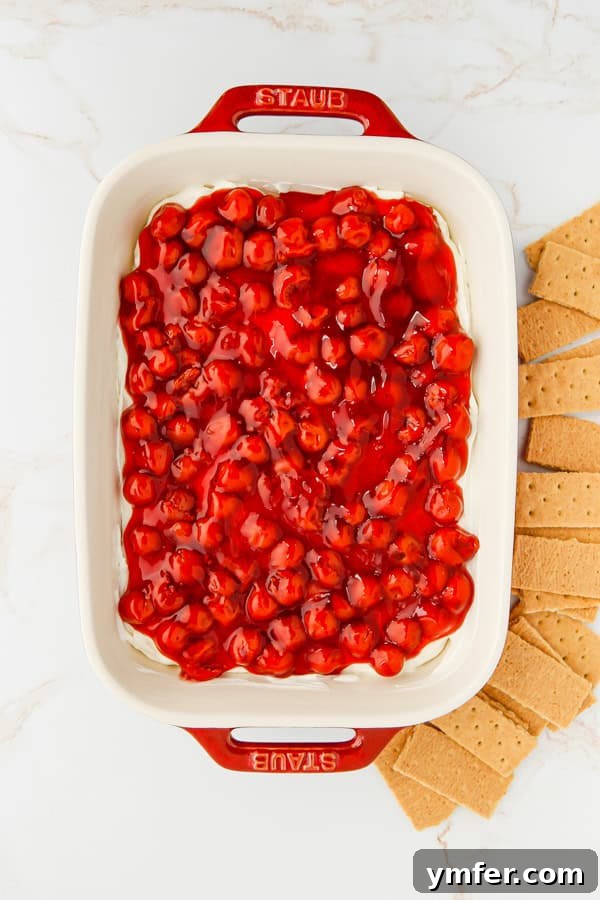 Luscious Cherry Cheesecake Dip 7 A vibrant Cherry Cheesecake Dip served in a clear glass dish, highlighting the creamy white base and the bright red cherry topping. An assortment of graham crackers, vanilla wafers, and sliced fresh fruit are arranged neatly around the dish for dipping.