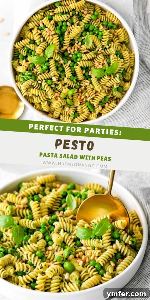 Vibrant Pesto Pasta Salad 8 Pesto Pasta Salad pin for Pinterest. A vertical image featuring the delicious salad.
