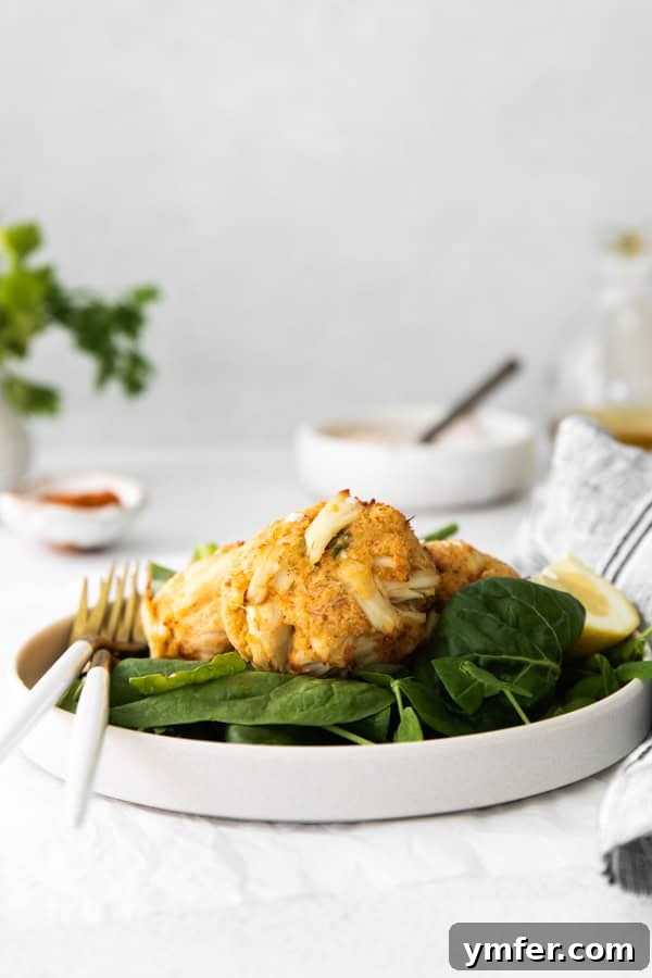 Crispy Air-Fried Crab Cakes 7 Two golden-brown Air Fryer Crab Cakes on a pristine white plate, garnished with fresh parsley.