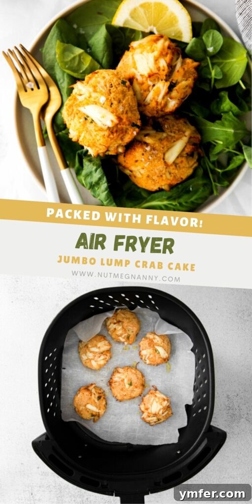 Crispy Air-Fried Crab Cakes 9 Pinterest pin graphic for Air Fryer Crab Cakes, featuring a beautiful plated dish.