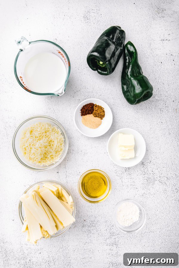 Roasted Poblano Cheese Dip 3 Ingredients to make Roasted Poblano Queso sitting on a table.