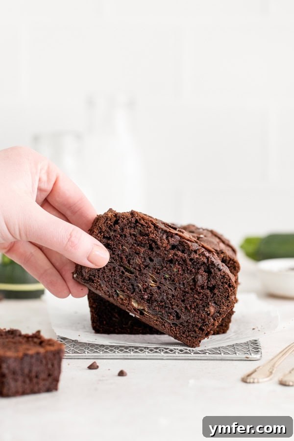 Decadent Chocolate Zucchini Bread 4 A hand holding a piece of Chocolate Zucchini Bread.