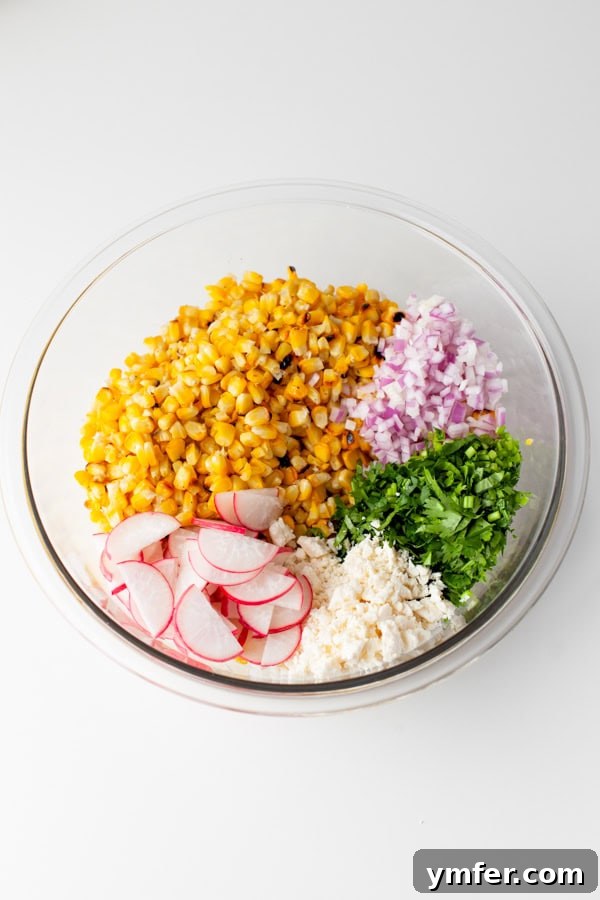 Charred Street Corn Fiesta 4 Ingredients for Mexican Corn Salad laid out