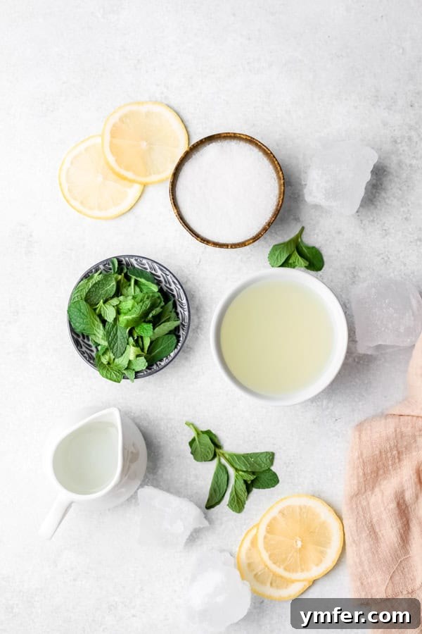 Limonana Frost 3 Ingredients for frozen mint lemonade, including fresh lemons, a bunch of mint, ice cubes, and a measuring cup, laid out on a light wooden table.