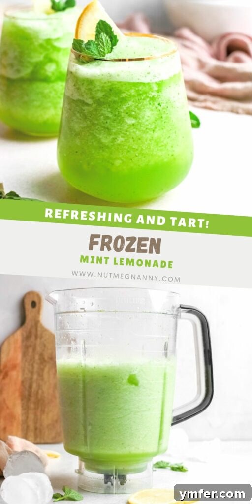 Limonana Frost 8 A large graphic for Pinterest featuring a tall glass of frozen mint lemonade (Limonana) with text overlay promoting it as a perfect summertime drink recipe.