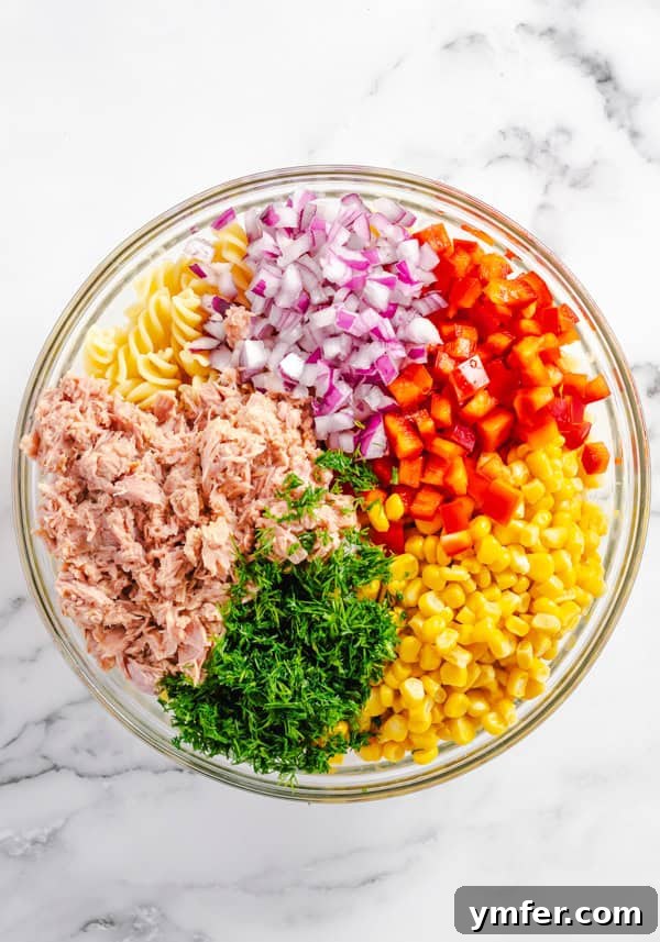 Tuna Pasta Salad ingredients in a bowl.