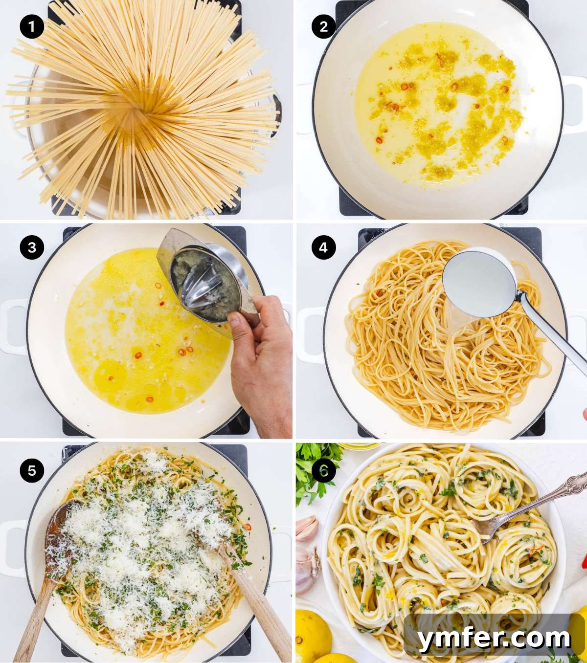 Effortless Lemon Pasta (Creamless) 5 Step-by-step collage picture of lemon pasta without cream, from boiling pasta to mixing with lemon garlic sauce and serving.