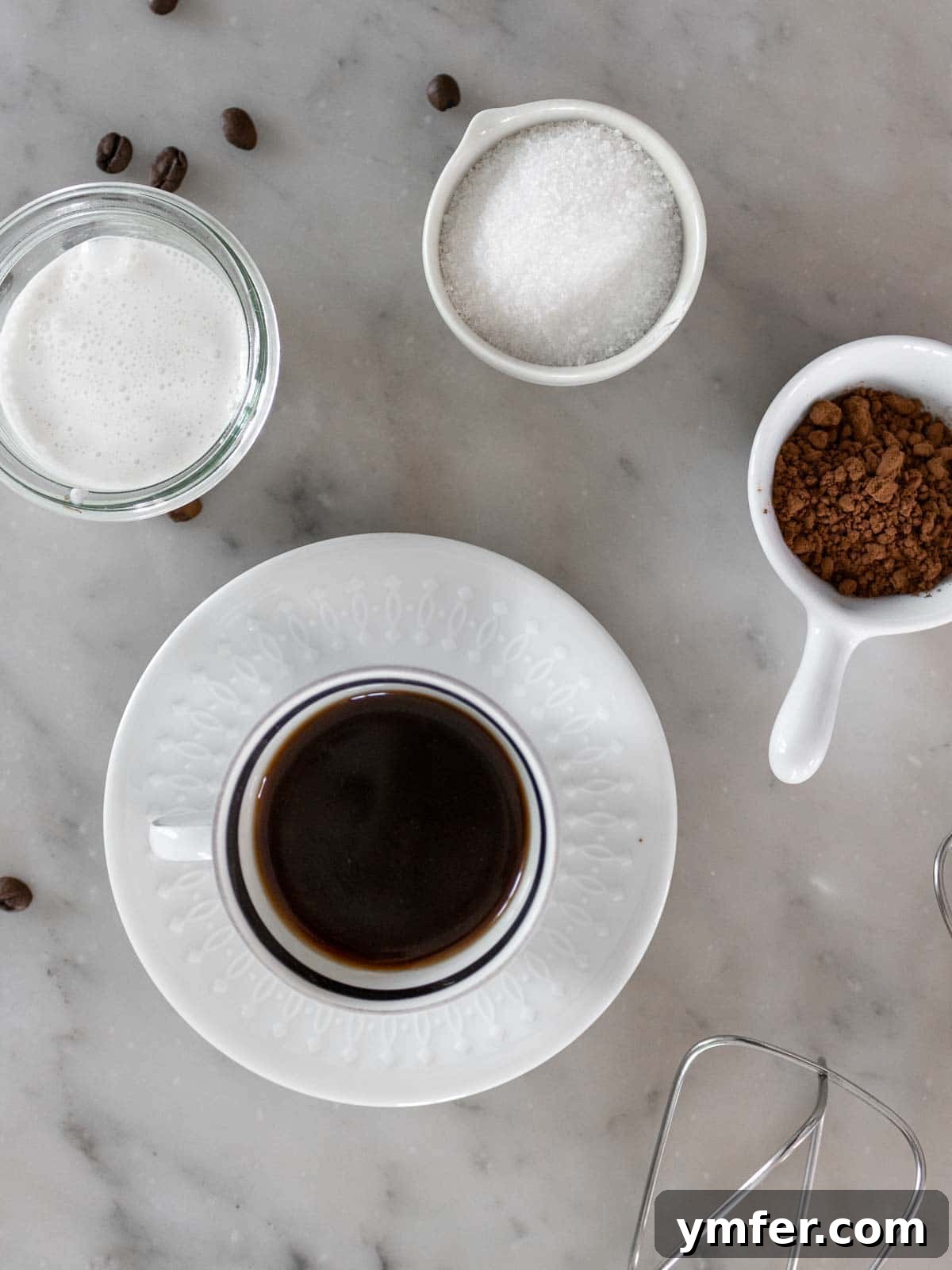 Espresso Cloud 4 ingredients for coffee mousse: espresso, vegan whipping cream, sugar, and cacao powder