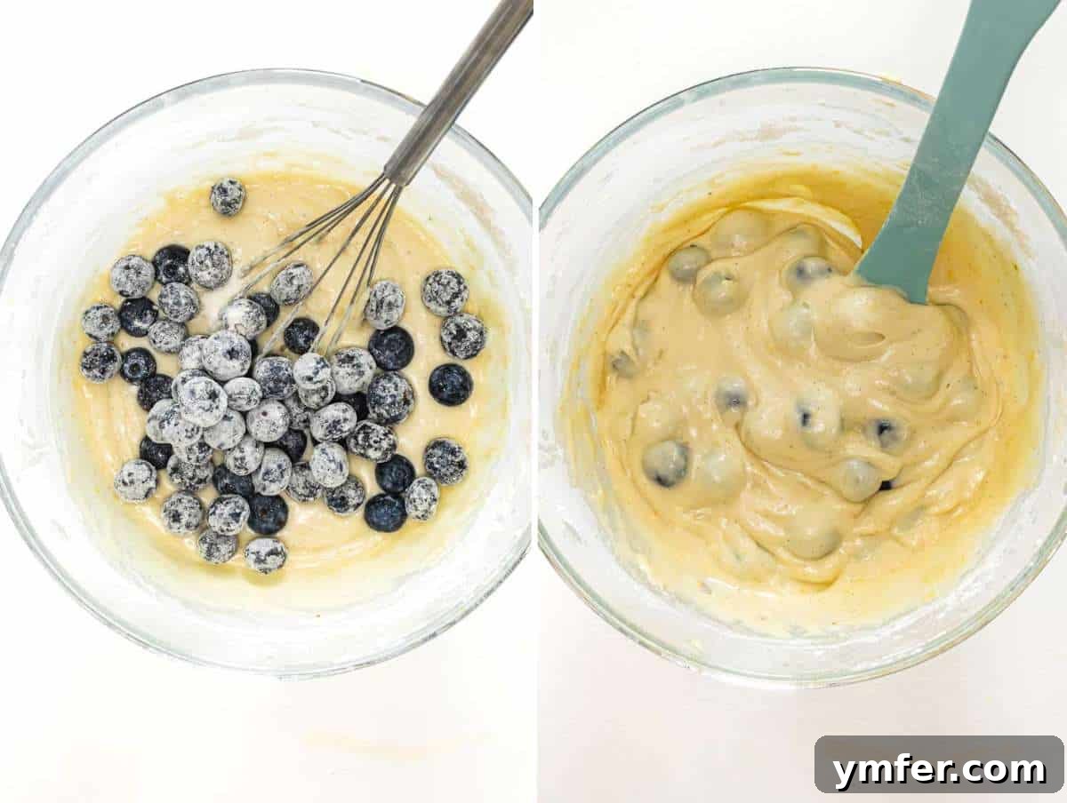 Lush Blueberry Pound Cake 7 Step 4: Gently folding flour-coated blueberries into the cake batter, ensuring even distribution.
