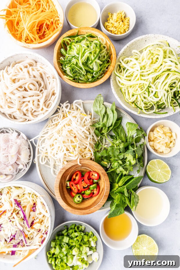 Zesty Vietnamese Zoodle Bowl 3 Ingredients for Vietnamese Zoodle Noodle Salad laid out on a table, including fresh herbs, vegetables, and dressing components.