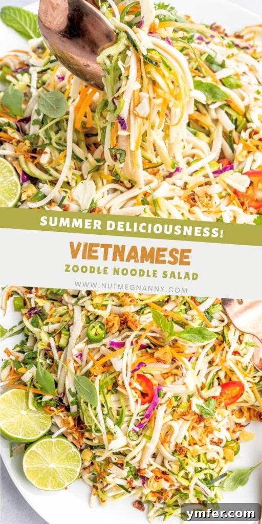 Zesty Vietnamese Zoodle Bowl 8 Vietnamese Zoodle Noodle Salad pin for Pinterest. A vertical image designed for social media sharing, highlighting the appeal of the salad.