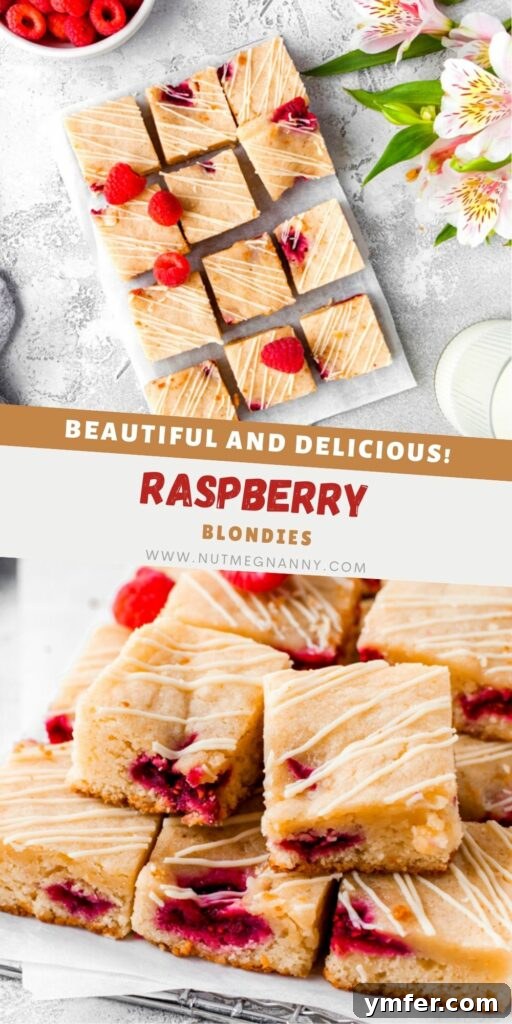 Ruby Raspberry Blondies 7 Pinterest pin for White chocolate raspberry blondies with fresh raspberries.