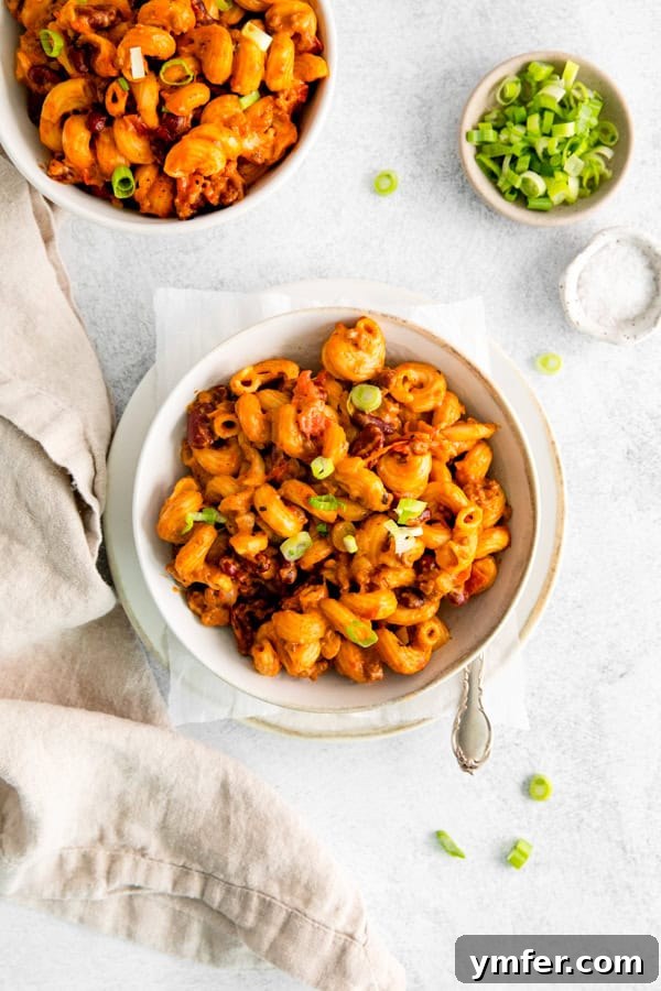 Hearty Instant Pot Chili Mac 6 Instant Pot Chili mac in a bowl, garnished and ready to serve.