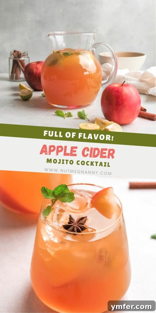 A vibrant Pinterest pin graphic for an Apple Cider Mojito, featuring the cocktail in a glass against a warm autumnal background, with text overlaid 'Apple Cider Mojito - The Perfect Fall Cocktail'.