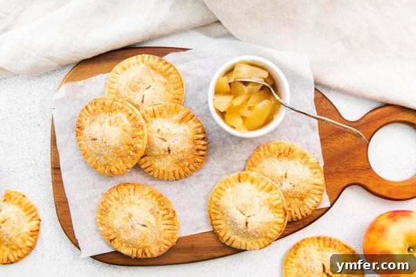 Crispy Air Fryer Apple Hand Pies 6 Air Fryer Apple Hand Pies served on a cutting board.