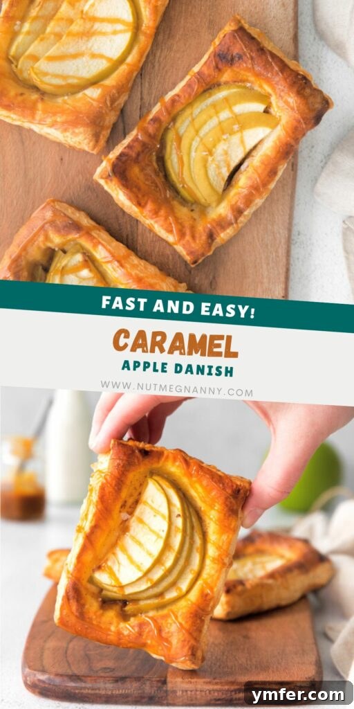 Gooey Apple Caramel Pastry 8 A visually appealing Pinterest pin showcasing a finished Caramel Apple Danish, designed for easy sharing and saving on social media.