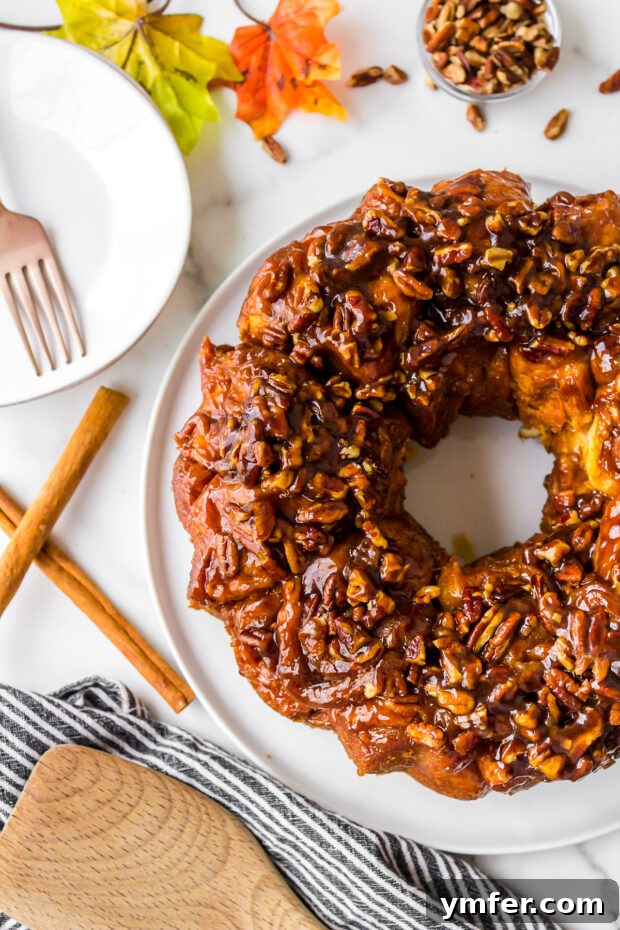 Overhead shot of pumpkin monkey bread in a bundt pan, freshly baked and golden.