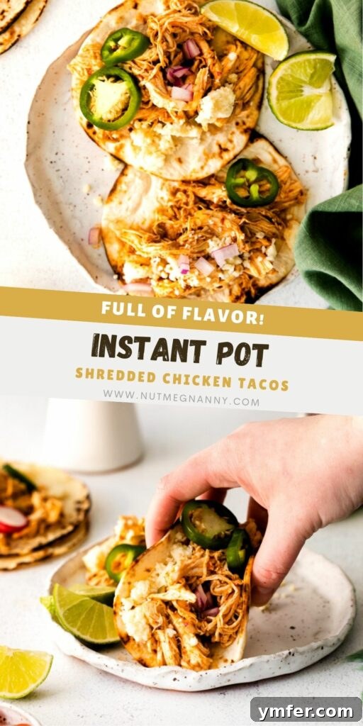 Effortless Instant Pot Chicken Tacos 14 A vertical pin image for Pinterest promoting Instant Pot Chicken Tacos, featuring a close-up of the dish with fresh garnishes.