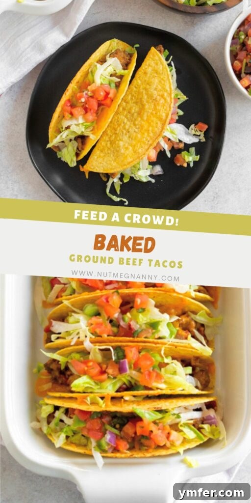Crispy Baked Beef Tacos 7 Pin image for Baked Ground Beef Tacos, showing a plate of tacos with fresh toppings.