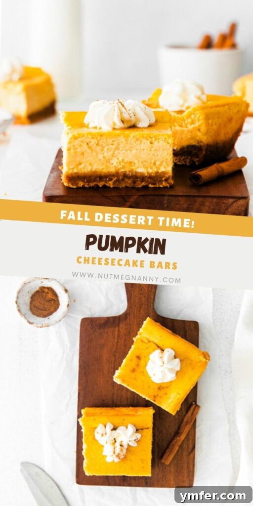 Autumn Pumpkin Cheesecake Squares 6 Graphic pin for Pinterest of Pumpkin Cheesecake Bars.
