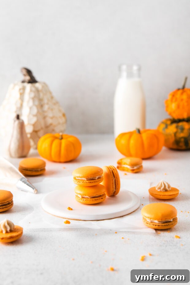 Seasonal Pumpkin Spice Macarons 5 A delectable stack of perfectly baked and filled Pumpkin Spice Macarons, showcasing their inviting appearance and crisp 'feet'.