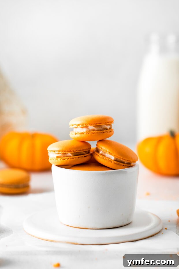 Seasonal Pumpkin Spice Macarons 7 A bowl filled with freshly baked and assembled Pumpkin Spice Macarons, highlighting their perfect form and inviting orange hue.