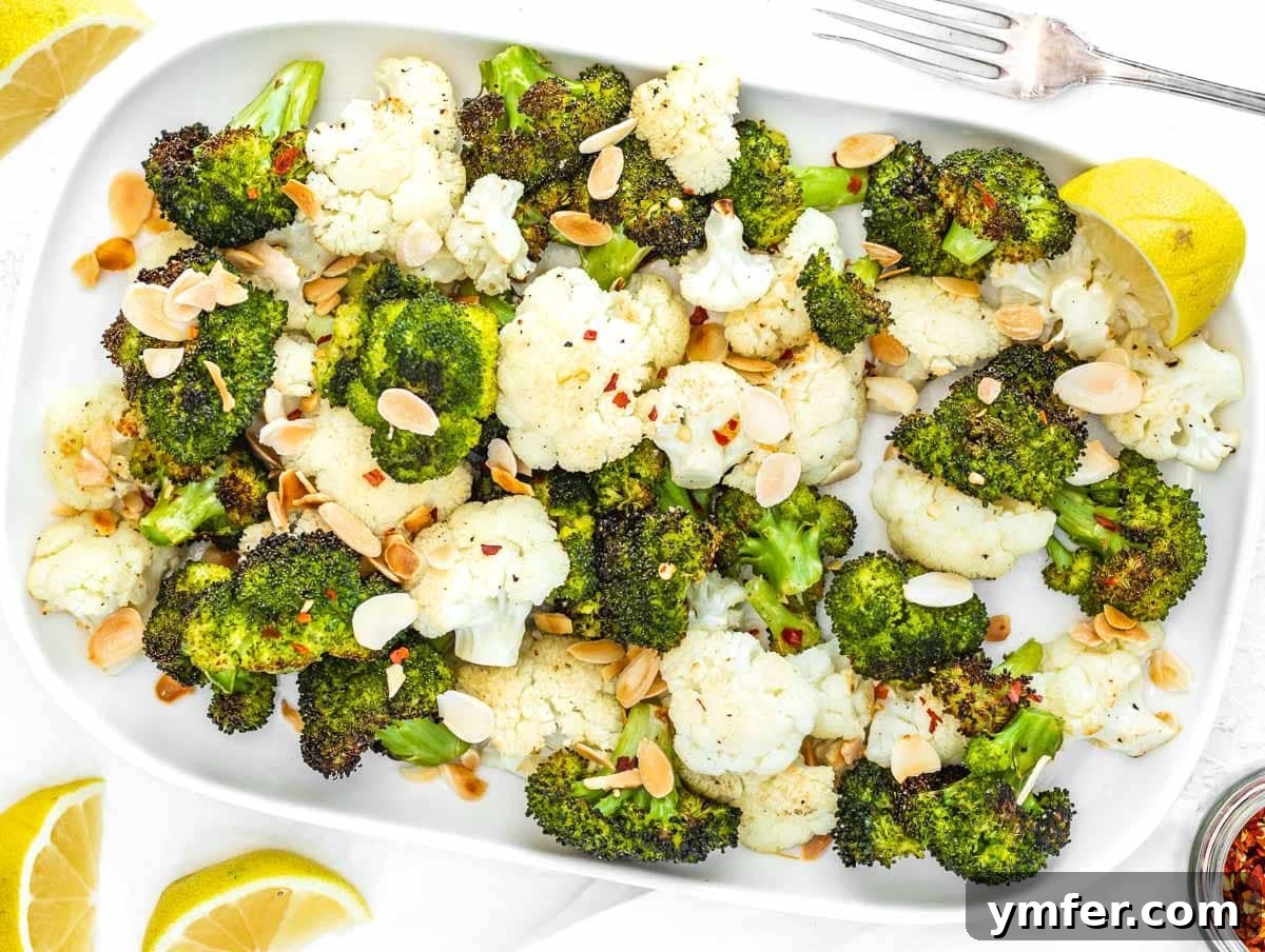 Roasted broccoli and cauliflower with toasted almonds