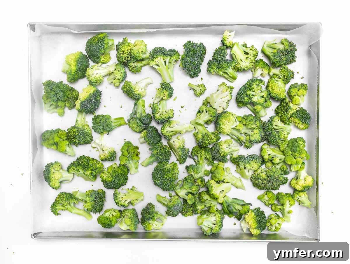Broccoli florets seasoned and arranged on a baking tray