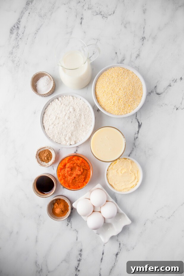 Golden Spiced Pumpkin Cornbread Muffins 3 A selection of fresh, high-quality ingredients laid out on a clean surface, ready to be combined for Sweet Pumpkin Cornbread Muffins.