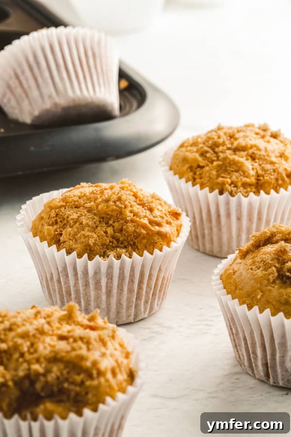 Spiced Sweet Potato Muffins 4 A single sweet potato muffin in a white paper liner, showcasing its golden-brown top.