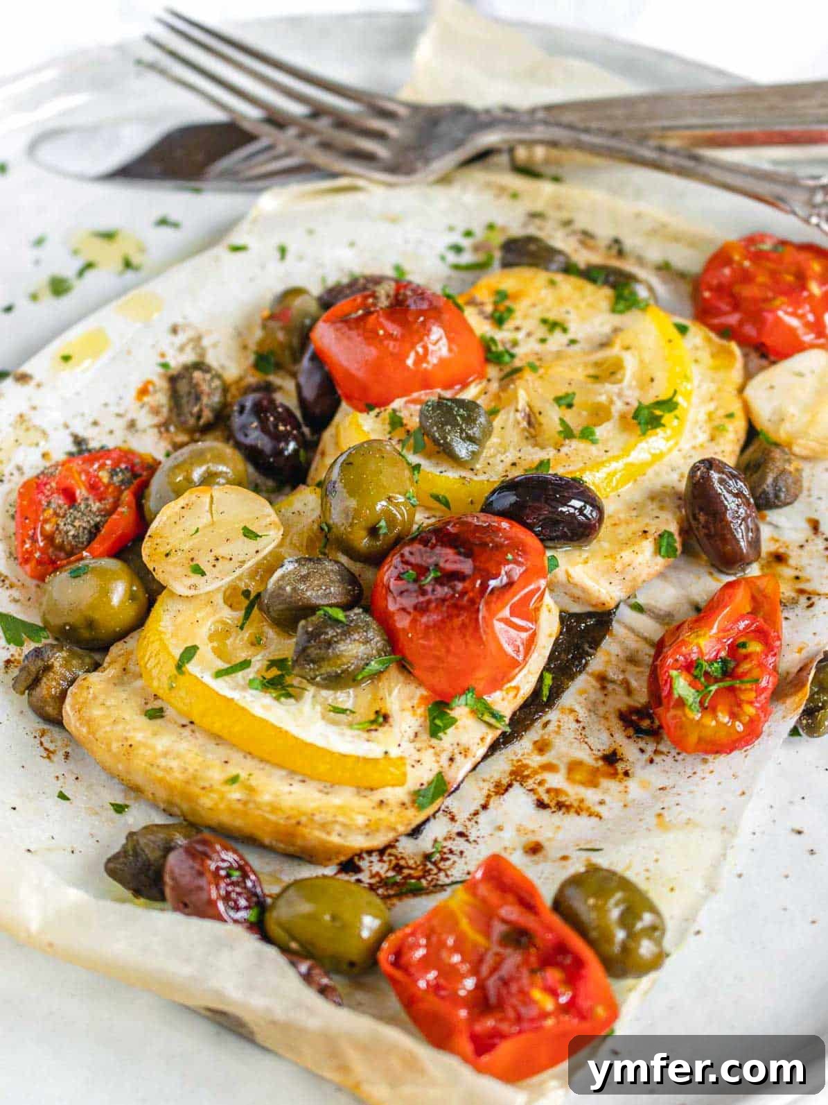 The Vegan Catch 2 Vegan fish with lemon and olives on a plate