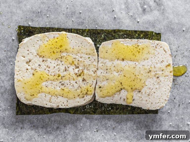 The Vegan Catch 17 tofu slices on nori sheets with olive oil
