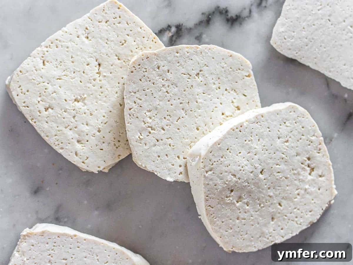 The Vegan Catch 7 tofu slices on a worktop