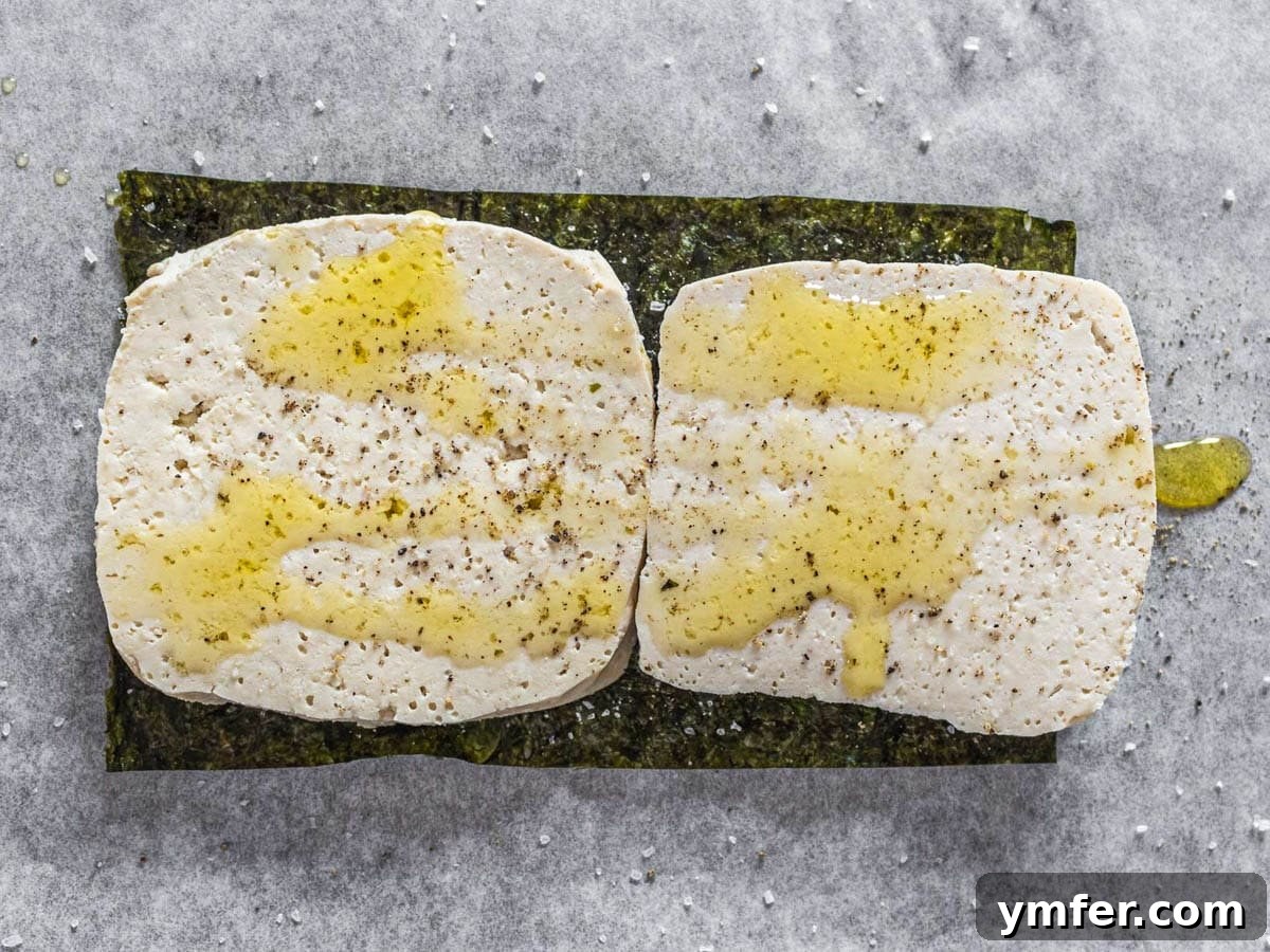 The Vegan Catch 9 tofu slices on nori sheets with olive oil
