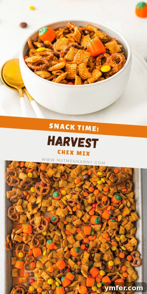 Autumn Snack Crunch 11 A visually appealing Pinterest pin graphic for Harvest Chex Mix, featuring the finished snack in a bowl.