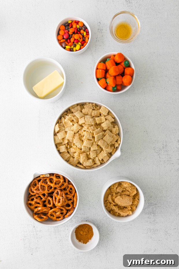 Autumn Snack Crunch 3 Assorted ingredients for Harvest Chex Mix laid out on a table, including Chex cereal, pretzels, candies, butter, and brown sugar.