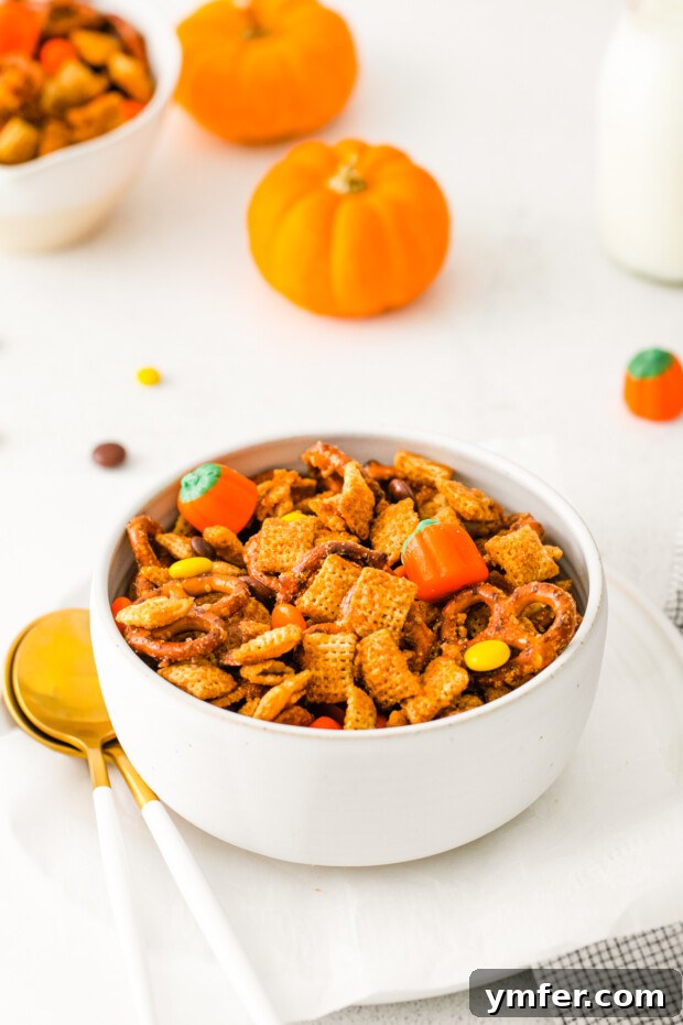 Autumn Snack Crunch 7 A generous serving of Harvest Chex Mix in an elegant white serving bowl, ready to be enjoyed.