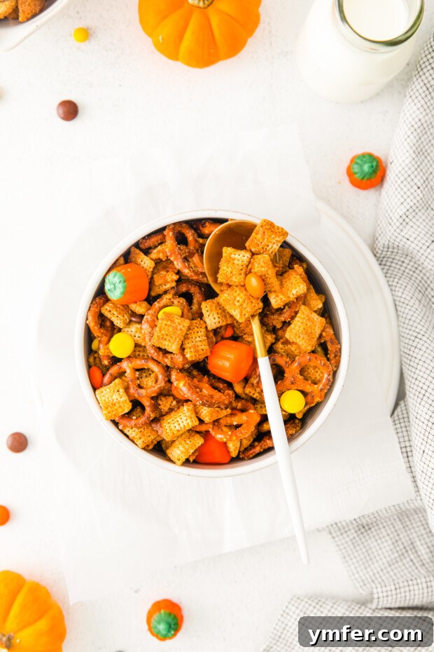 Autumn Snack Crunch 9 A bowl of Harvest Chex Mix, partially scooped with a spoon, highlighting its inviting texture and delicious blend of ingredients.