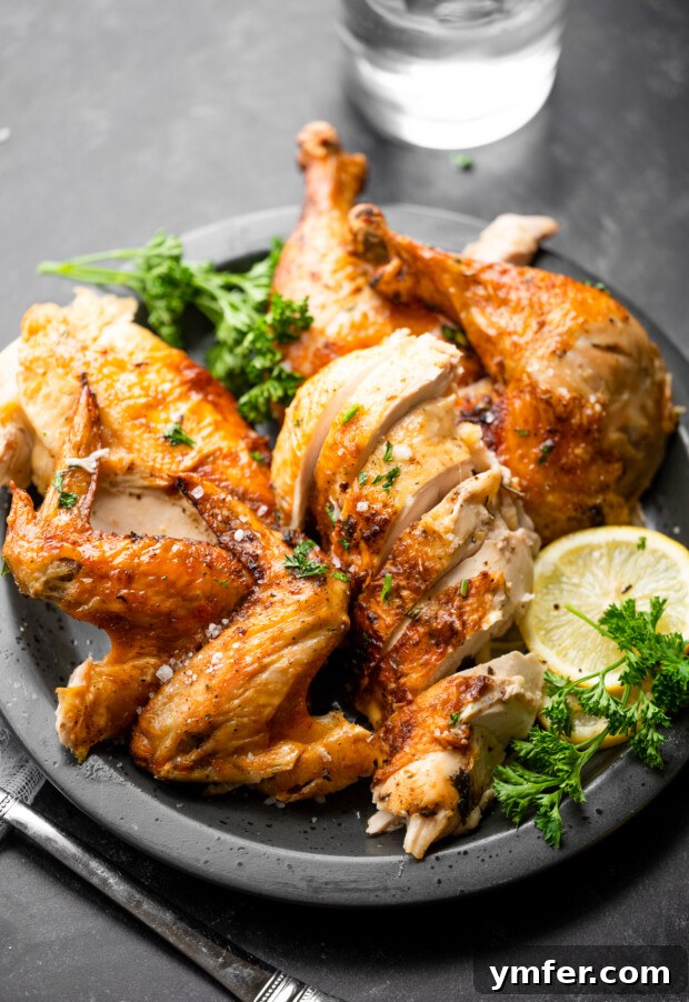 Crispy Air Fryer Whole Chicken 5 Air Fryer Whole Chicken served with lemon.