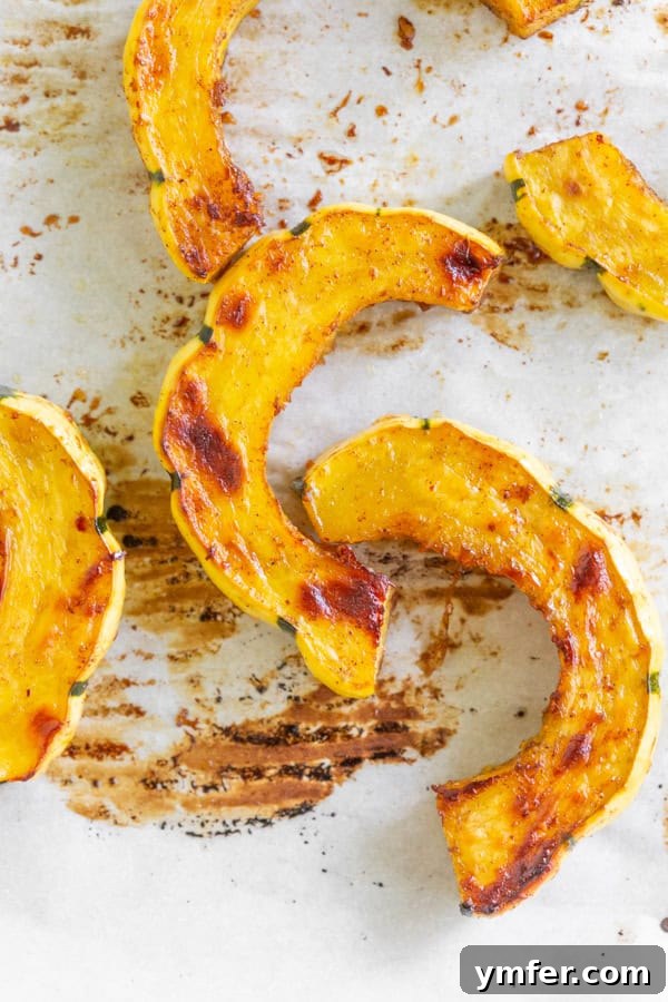 Maple Cinnamon Delicata Jewels 5 Cinnamon Maple Roasted Delicata squash on a sheet pan, hot out of the oven.