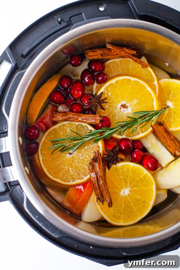 Instant Pot Spiced Apple Cider 5 Ingredients for homemade apple cider placed inside an Instant Pot.
