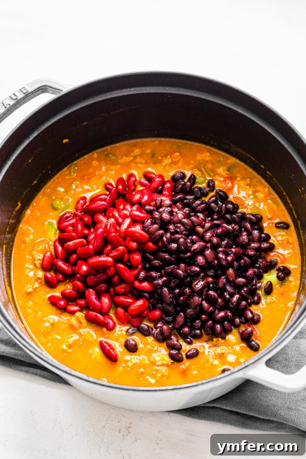 Autumn Harvest Turkey Chili 5 Rich Turkey Pumpkin Chili bubbling gently in a large pot, with kidney and black beans visible within the thick, savory broth, simmering to perfection.