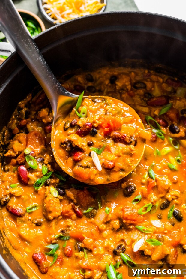 Autumn Harvest Turkey Chili 8 A large metal ladle gracefully scooping a generous portion of rich, hearty Turkey Pumpkin Chili from a steaming pot, ready to be served.
