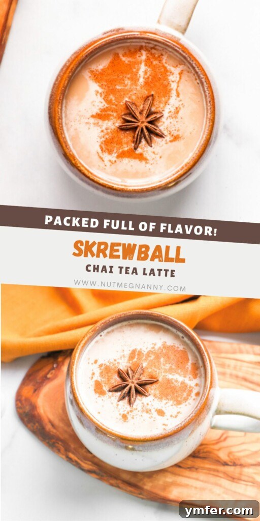A graphic pin for Pinterest showcasing the Skrewball Chai Tea Latte, featuring appealing visuals and recipe title.